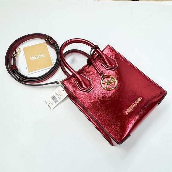 Michael Kors Mercer XS North South MINI Satchel Crossbody Bag Patent Crimson - Picture 3 of 10